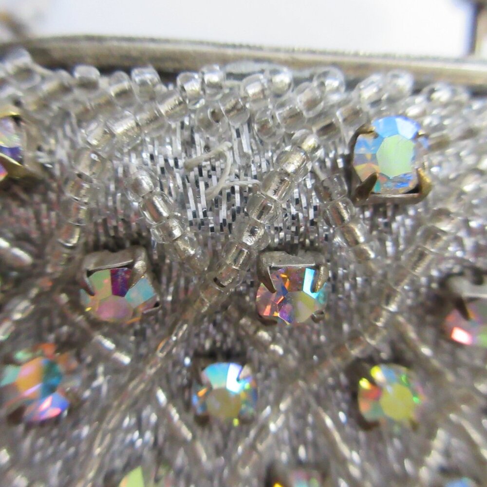 Silver Seed Bead AB Rhinestone Evening Bag Purse Metal Frame Kiss Lock Hong Kong - Picture 5 of 16